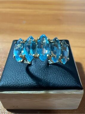 Vintage Estate 10k Yellow Gold 5 Swiss Blue Topaz Stones Ring Size 8.5